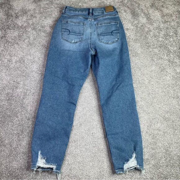 America Eagle Mom Jeans Womens 0* Blue Tapered High Waist Medium Wash Torn Curvy - Picture 4 of 13